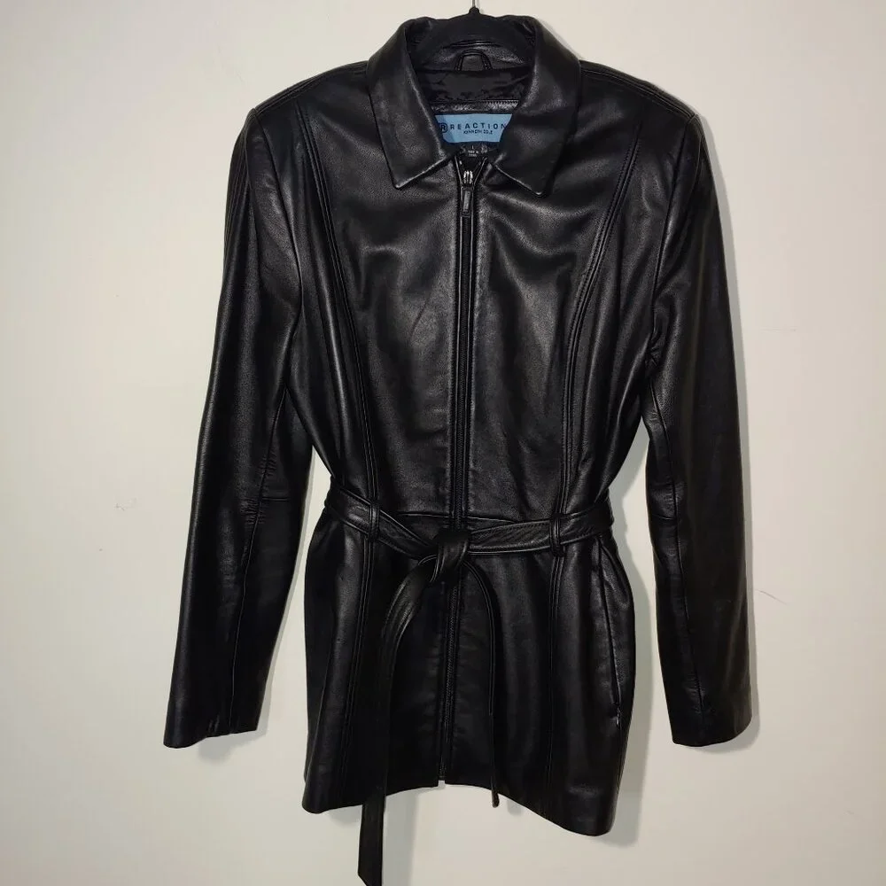 Reaction by Kenneth Cole Black Leather Full Zip Belted Jacket Size L